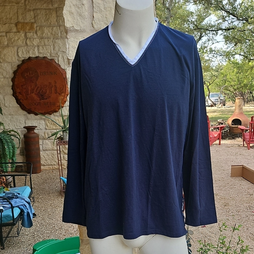 Van Laack Navy & White V Neck Long Sleeve Tshirt Business Class Lufthansa XL